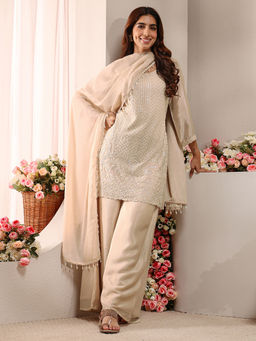 Libas - Beige Paisely Beads Embellished Short Kurti With Palazzo & Dupatta