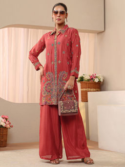 Libas Art - Rust Ethnic Motif Embroidered Kurta With Lining Palazzo