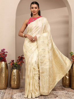Libas - Cream Silk Blend Woven Handloom Saree With Unstitched Blouse
