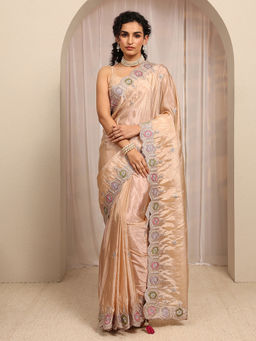 Libas - Beige Silk Blend Tassels Embellished Saree With Unstitched Blouse