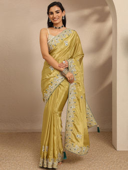 Libas - Olive Silk Blend Tassels Embroidered Saree With Unstitched Blouse