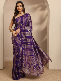 Libas - Purple Silk Blend Woven Handloom Saree With Unstitched Blouse