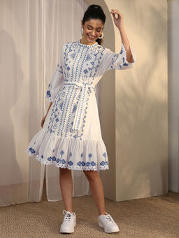 Libas - White Tropical Printed A-Line Dress with Waistbelt
