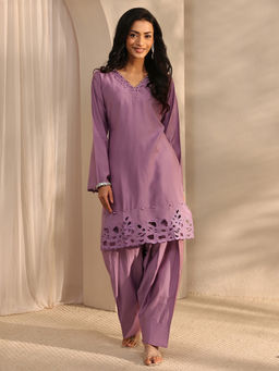 Libas - Mauve Beads Embellished Short Tunic With Solid Farshi Salwar