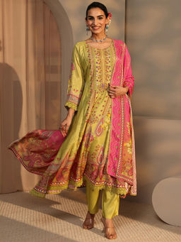 Libas - Green Floral Printed Panelled A-Line Anarkali Kurta With Pant & Dupatta