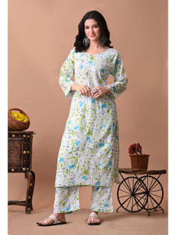 SYRISH - White Floral Hand-Embroidered Chikankari Mulmul Kurta with Palazzo