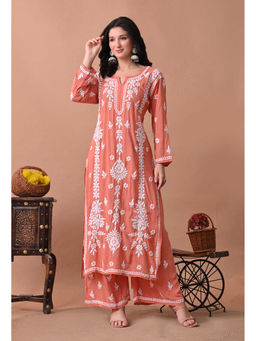 SYRISH - Zareen Peach Modal Chikankari Kurta with Palazzo
