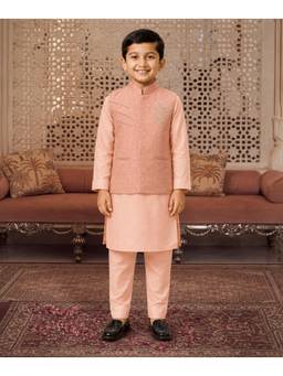 devils n angels - Peach Embroidered Nehru Jacket with Kurta and Pyjama for Boys