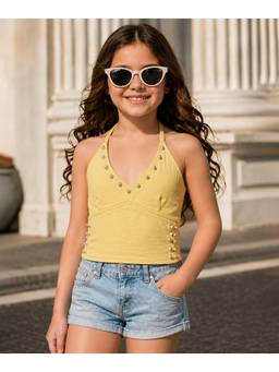 devils n angels - Girls Yellow Halter Neck Western Top