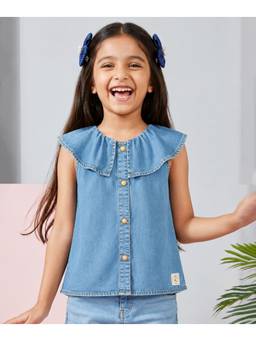 devils n angels - Girls Light Blue Denim Frill Collar Sleeveless Birthday Top