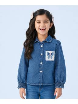devils n angels - Girls Navy Blue Denim Shirt Style Shirt with Bow Patch