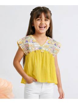devils n angels - Girls Yellow Embroidered Mirror Work Ethnic Top