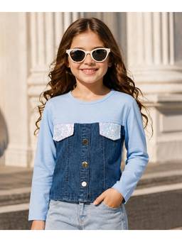 devils n angels - Girls Light Blue Denim Style Top with Sequin Pockets