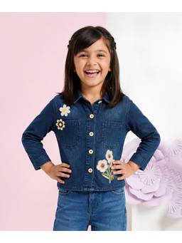 devils n angels - Girls Navy Blue Denim Flower Embroidery Full Sleeve Shirt