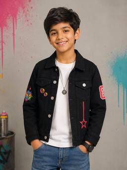 KiddoPanti - Boys Denim Woven Street Monkey Graphic Printed Jacket