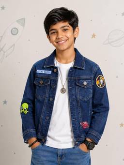 KiddoPanti - Boys Denim Woven Astro-Saurus Space Graphic Printed Jacket