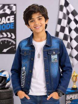 KiddoPanti - Boys Denim Woven Urban Race Crew 23 Graphic Printed Jacket