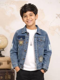 KiddoPanti - Boys Denim Woven Nomad Club Explorer Badge Details Jacket