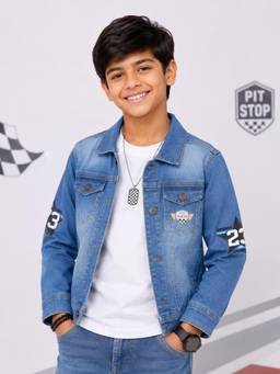 KiddoPanti - Boys Denim Woven Mini Racer Graphic Printed Jacket