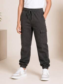 KiddoPanti - Boys Cotton Woven Solid Elasticated Waist and Hem Cargo Joggers