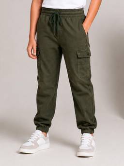 KiddoPanti - Boys Cotton Woven Solid Elasticated Waist and Hem Cargo Joggers