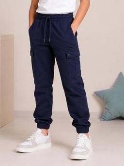 KiddoPanti - Boys Cotton Woven Solid Elasticated Waist and Hem Cargo Joggers