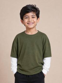 KiddoPanti - Boys Cotton Doctor Sleeve Layered Look Full Sleeve Loop Knit T-shirt