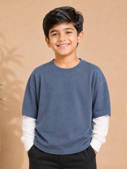 KiddoPanti - Boys Cotton Doctor Sleeve Layered Look Full Sleeve Loop Knit T-shirt