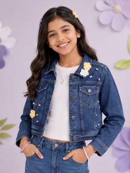 KiddoPanti - Girls Denim Woven 3D Flower Heart and Pearl Embellishment Crop Jacket