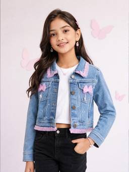 KiddoPanti - Girls Denim Woven Bow Pearl and Heart Embellishment Crop Jacket