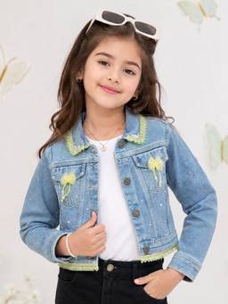 KiddoPanti - Girls Denim Woven Yellow Bow Pearl and Floral Embellishment Crop Jacket