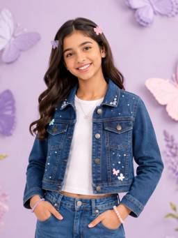 KiddoPanti - Girls Denim Woven Butterfly and Pearl Embellishment Crop Jacket