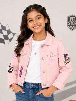 KiddoPanti - Girls Denim Woven Sparkle Drive Racing Graphic Printed Crop Jacket