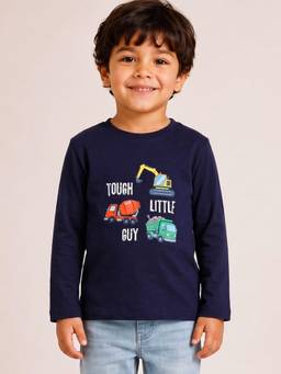Campana - Boys Pure Cotton Construction Vehicles Print T-shirt - Navy Blue