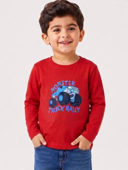 Campana - Boys Pure Cotton Full Sleeves Monster Truck Print T-shirt - Red
