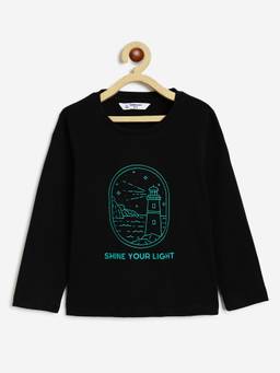 Campana - Boys Pure Cotton Full Sleeves Lighthouse Print T-shirt - Black