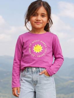 Campana - Girls Pure Cotton Full Sleeves Happy Sun Print T-shirt - Dark Pink