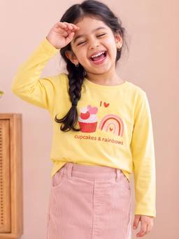 Campana - Girls Pure Cotton Full Sleeves Cupcakes Print T-shirt - Light Yellow