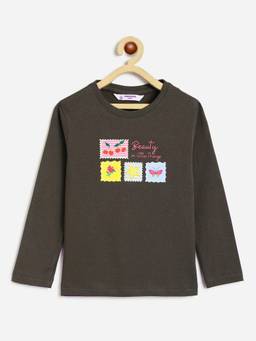 Campana - Girls Pure Cotton Full Sleeves Little Things Print T-shirt - Smoky Brown