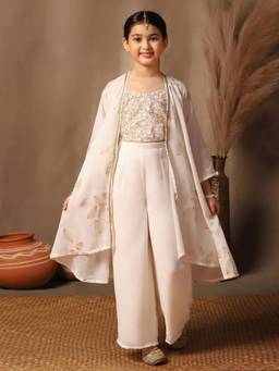 FASHION DREAM - Girls Off White Floral Embroidered Crop Top and Palazzo with Shrug