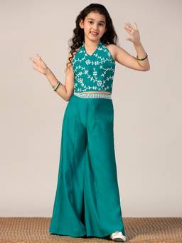 FASHION DREAM - Girls Teal Silk Blend Floral Embroidered Crop Top and with Palazzo