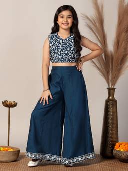 FASHION DREAM - Girls Blue Silk Blend Floral Embroidered Crop Top With Palazzo