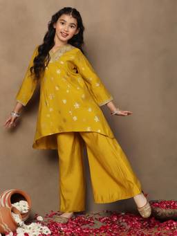 FASHION DREAM - Girls Mustard Yellow Foil Printed Silk Blend A-Line Kurta with Palazzo