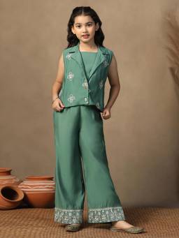 FASHION DREAM - Girls Green Silk Blend Solid Crop Top and Palazzo with Jacket