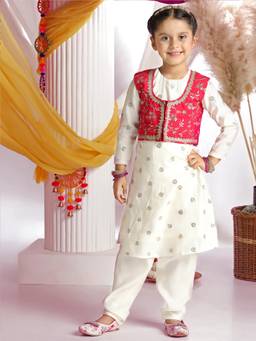 FASHION DREAM - Girls Cream Silk Blend Floral Embroidered Kurta and Salwar with Koti