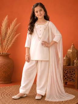 FASHION DREAM - Girls White Silk Blend Floral Embroidered Kurta and Salwar with Dupatta
