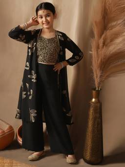 FASHION DREAM - Girls Black Georgette Floral Embroidered Crop Top and Palazzo with Shrug