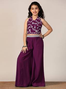 FASHION DREAM - Girls Wine Silk Blend Floral Embroidered Crop Top with Palazzo