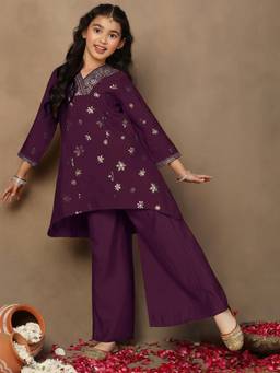 FASHION DREAM - Girls Purple Foil Printed Silk Blend A-Line Kurta with Palazzo