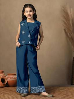 FASHION DREAM - Girls Rama Silk Blend Solid Crop Top and Palazzo with Floral Jacket